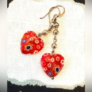 Heart-Shaped Red Millifiore floral Earrings Sterling Silver